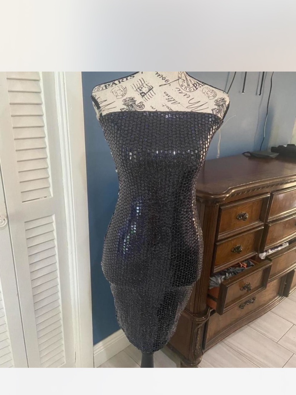 Black Bead Strapless Black Sequin Sheath Dress